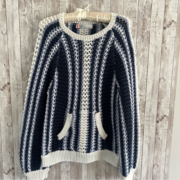 Free People Sweaters - Free People Beach Dayton Navy Blue Knit Crochet Striped Sweater Crewneck Medium
